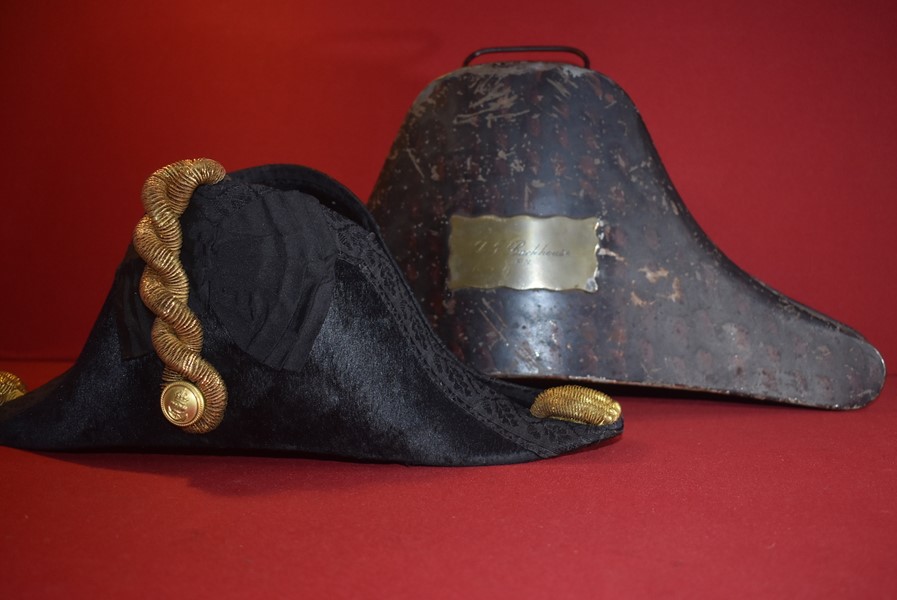 ROYAL NAVAL COCKED BICORN HAT WITH GILT METAL KNOTS FORE AND AFT IN JAPANNED TIN CASE.-SOLD