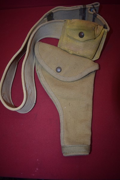 WW2 BRITISH/AUSTRALIAN WEB PISTOL HOLSTER, BELT AND AMMO POUCH-SOLD