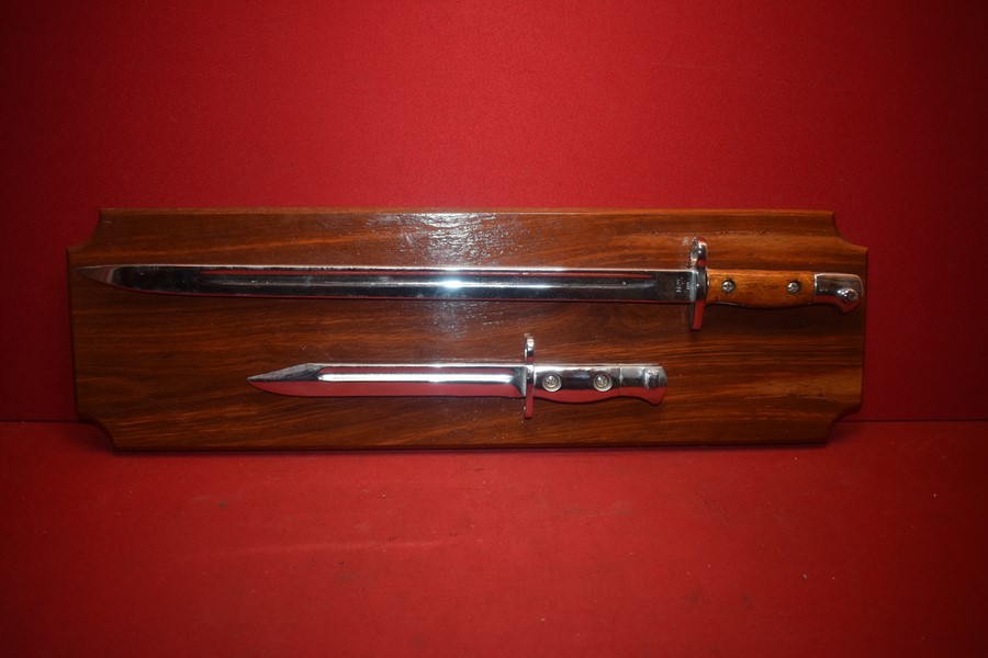 CHROMED .303 BAYONET AND SLR BAYONET MOUNTED ON A JARRAH PLAQUE