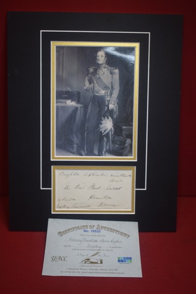 RARE AUTOGRAPHED DISPLAY OF FITZROY SOMERSET BARON RAGLAN WHO COMMANDED THE BRITISH ARMY IN THE CRIMEAN WAR AND ORDERED THE CHARGE OF THE LIGHT BRIGADE