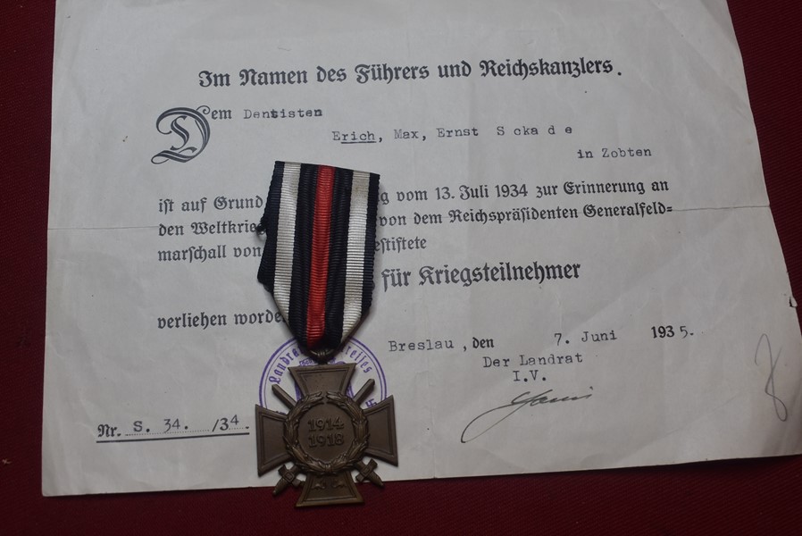 WW1 GERMAN HONOUR/HINDENBURG CROSS AND CERTIFICATE OF ISSUE