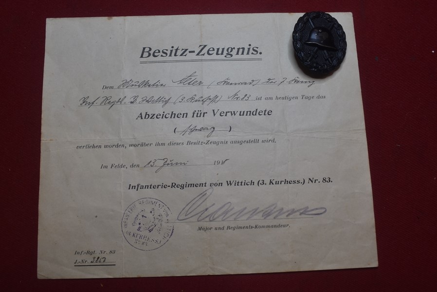 WW1 GERMAN BLACK WOUND BADGE AND CERTIFICATE OF ISSUE